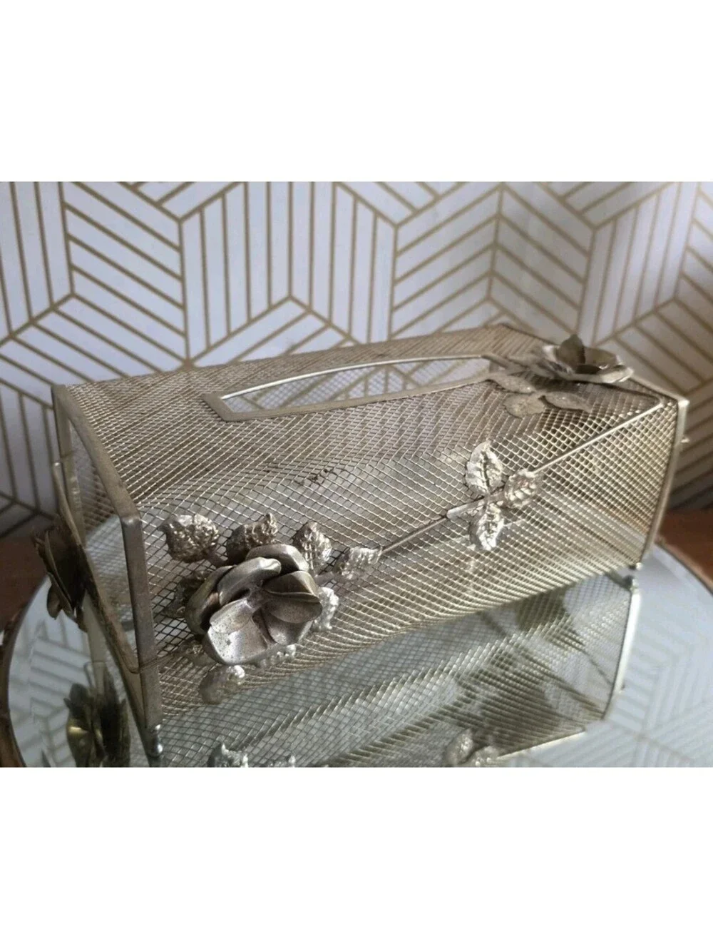 Vintage Floral Gold Tone Filigree Tissue Box Cover Hollywood Regency